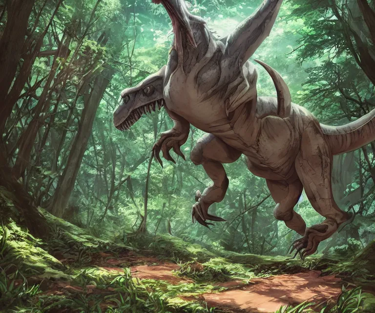 Image similar to t - rex in a forest, anime fantasy illustration by tomoyuki yamasaki, kyoto studio, madhouse, ufotable, comixwave films, trending on artstation