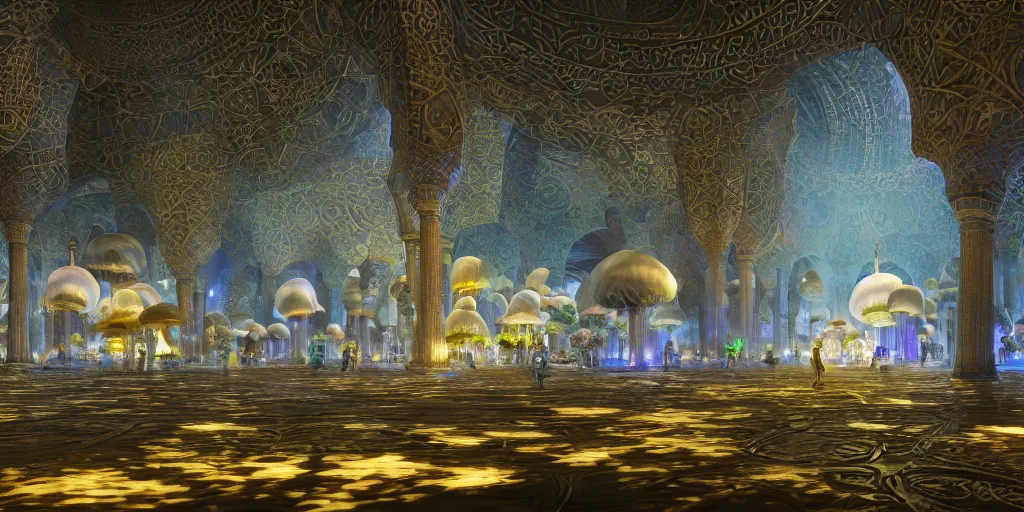 Image similar to Photorealistic mosque in giant glowing mushroom underworld, with great domes and arches, people and androids wearing traditional japanese clothing. Hyperdetailed photorealism, UHD, amazing depth, glowing rich colors, golden ration, 3D octane cycle unreal engine 5, 3d shading, cinematic lighting, artstation concept art