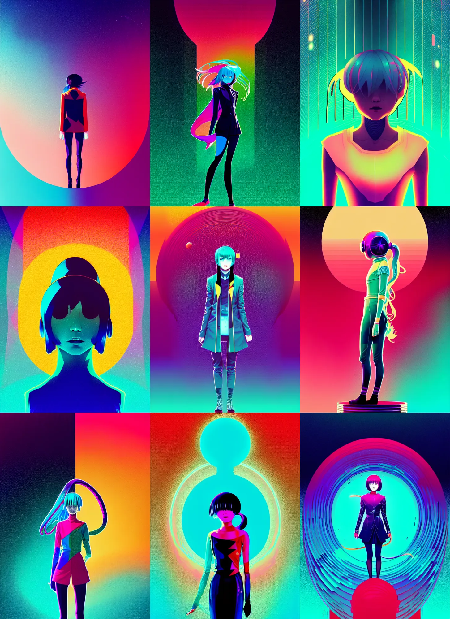 Prompt: ( ( dither ) ), editorial illustration portrait of hatsune miku, dynamic pose, modern art deco, colorful, ( ( mads berg ) ), christopher balaskas, victo ngai, rich grainy texture, detailed, dynamic composition, wide angle, moebius, matte print, ( ( ( space nebula background ) ) ), volumetric