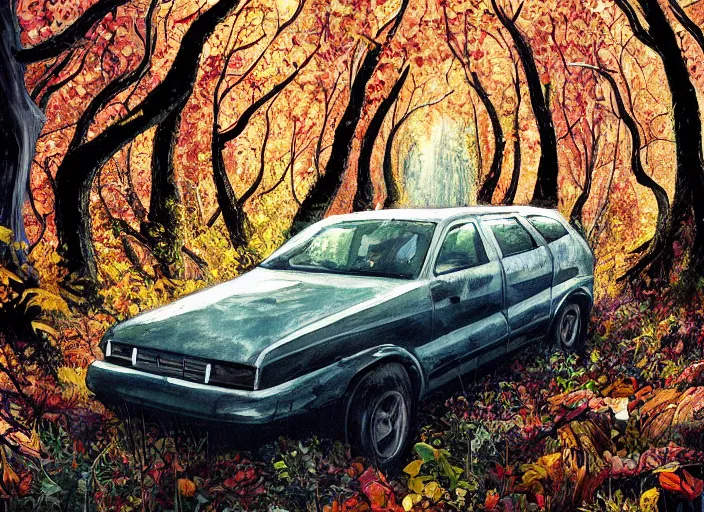 Image similar to A painting of an overgrown car in a forest, vines coming down from the tall trees, autumn, rocky ground, digital art, trending on Artstation, immaculate scale, amazing composition, cartoon illustration