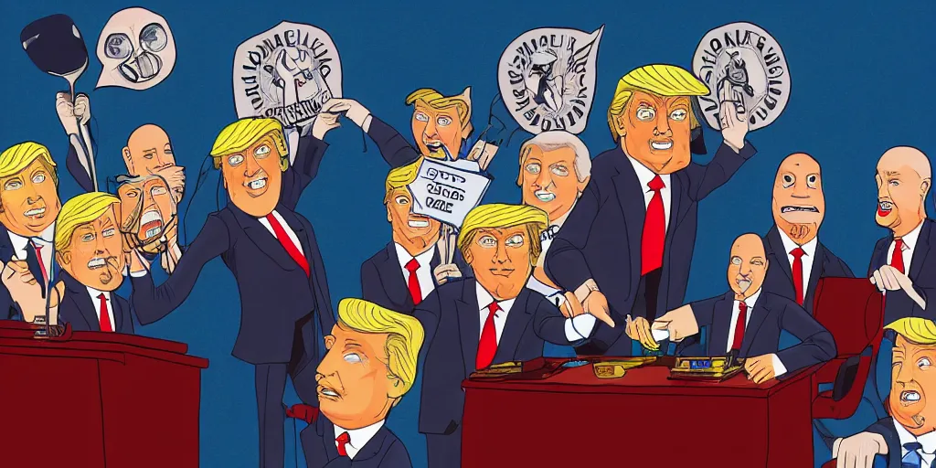 Image similar to donald trump as a malicious puppeteer controlling supreme court justices, full color digital illustration