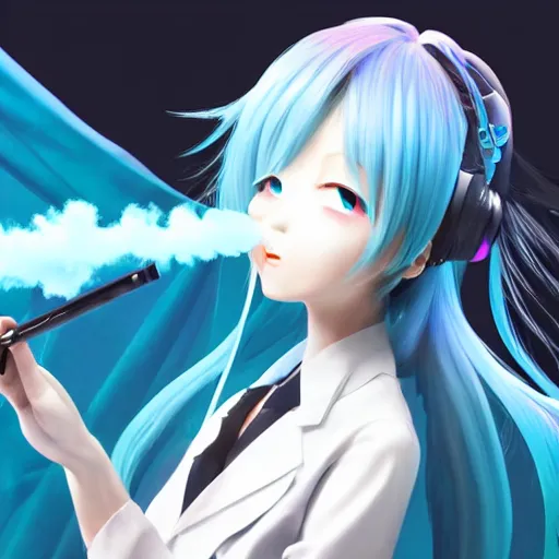 Image similar to hatsune miku smoking a vape pen, smoke coming out of her mouth, artstation, 4 k