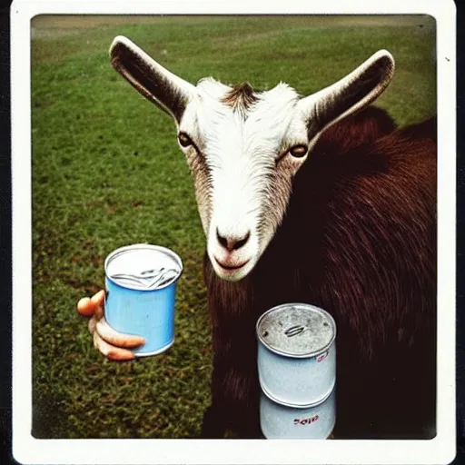 Prompt: “ polaroid of a goat eating a tin can ”