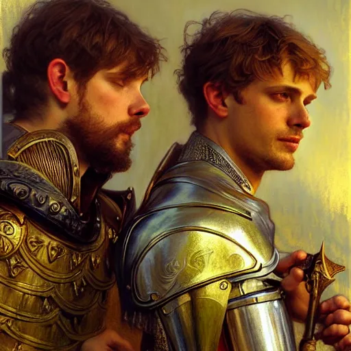 Image similar to attractive arthur pendragon and his attractive male knight, they are in love, natural lighting, path traced, highly detailed, high quality, digital painting, by gaston bussiere, craig mullins, alphonse mucha j. c. leyendecker