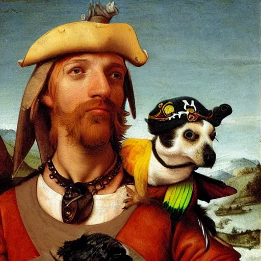 Image similar to a pirate dog with a parrot on it's shoulder, renaissance painting, wide view