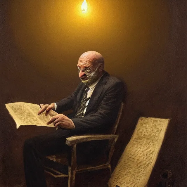 Image similar to ultra - realistic horrifying painting of a terrified man in a suit reading a dead sea scroll by candlelight, by dave dorman, paul carrick, dark, brooding, volume lighting, atmospheric lighting, painted, intricate, ultra detailed, well composed, best on artstation, cgsociety, epic, stunning, gorgeous, intricate detail, wow, masterpiece