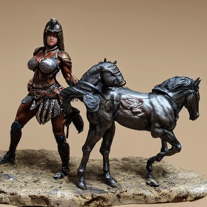 Image similar to 80mm resin detailed miniature of a Muscular Woman warrior standing next to a Horse, Product Introduction Photos, 4K, Full body, simple background