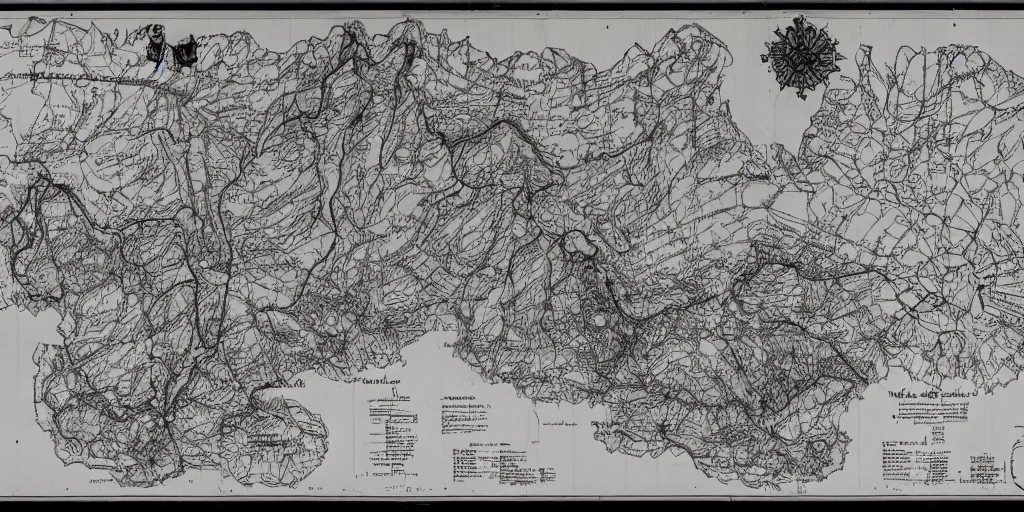 Prompt: technical drawing of dolomites and tyrolean folklore masks, multiple layers, detailed map, notes, roadmap, stylized, blueprint, black and white, old, erosion