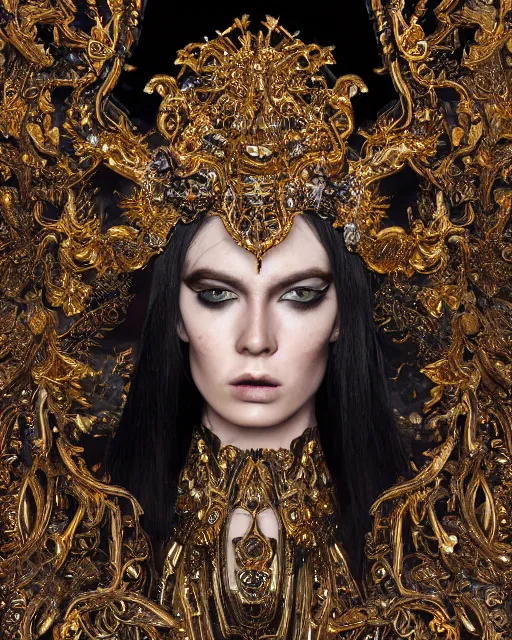 Prompt: an ultra detailed photo of female by stefan geselle and nekro borja, photorealistic, intricate details, hyper realistic, fantasy, elegant, ornate metal gold headpiece, photorealistic, canon r 3, photography, wide shot, symmetrical features, wide angle shot, head to toe, standing pose, feet on the ground, wearable art