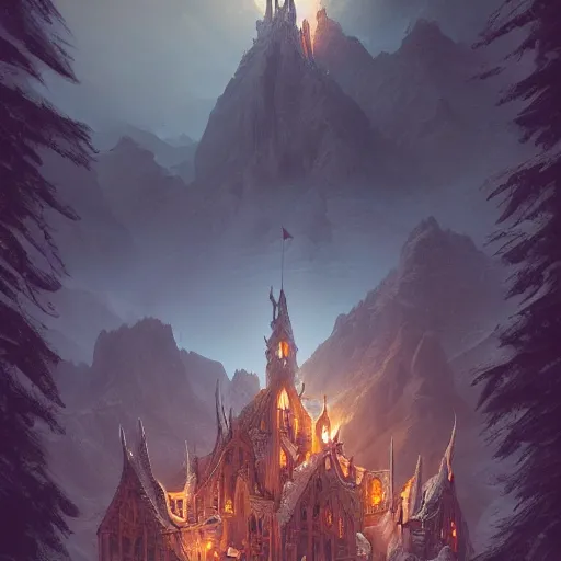 Prompt: an elven castle in the mountains, by peter mohrbacher and dan mumford and nekro, cgsociety, volumetric light, 3 d render