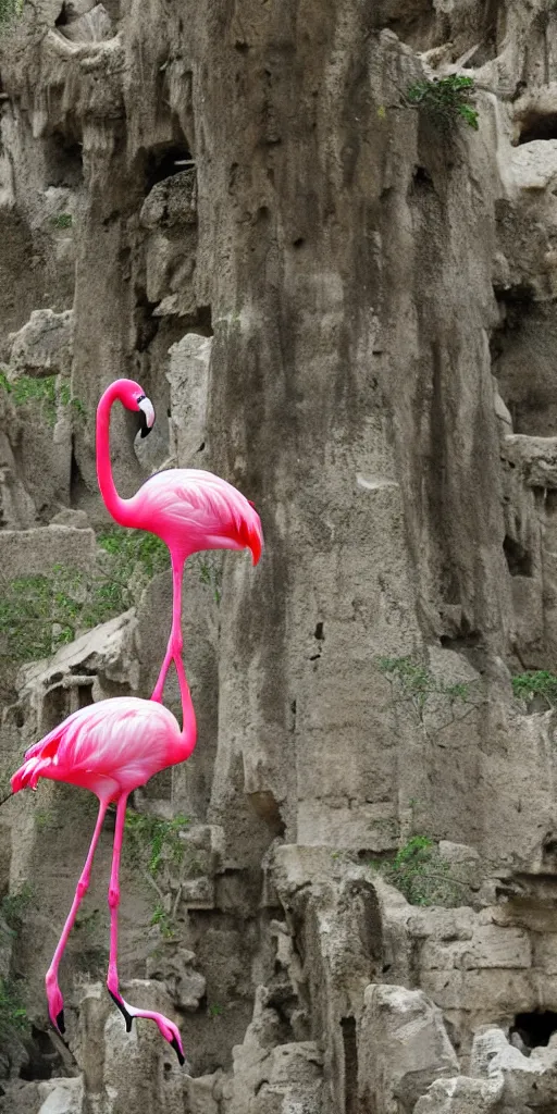 Image similar to a flamingo with 8 legs climbing a tree between the ruins of atlantis 4 k