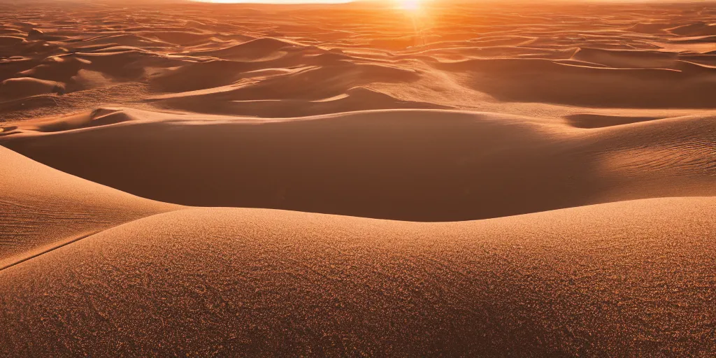 Prompt: landscape photo of an endless desert, huge sand dunes size of mountains old sand stone ruins, beaming sun, beautiful sky, 5 0 mm, hasselblad, tripod, award winning, colour, 8 k post production, edge to edge, photography