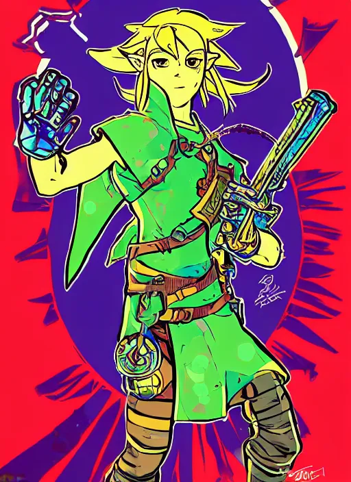 Image similar to solar punk link from zelda!! solar cyborg portrait illustration, pop art, splash painting, art by geof darrow, ashley wood, alphonse mucha, makoto shinkai