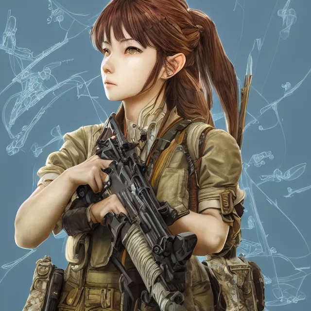 Prompt: the portrait of lawful neutral semi - colorful female infantry sniper as absurdly beautiful, gorgeous, elegant, young anime girl, an ultrafine hyperdetailed illustration by kim jung gi, irakli nadar, intricate linework, bright colors, octopath traveler, final fantasy, unreal engine 5 highly rendered, global illumination, radiant light, detailed and intricate environment