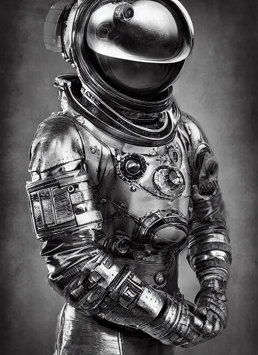 Prompt: old wetplate daguerreotype portrait of a futuristic silver armored space astronaut, fractal, intricate, elegant, highly detailed, parallax, leica, medium format, subsurface scattering, by jheronimus bosch and greg rutkowski and louis jacques mande daguerre