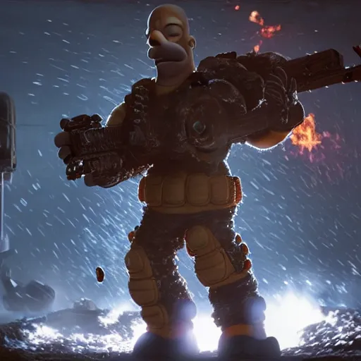 Image similar to Homer Simpson in Gears of War, splash art, movie still, cinematic lighting, dramatic, octane render, long lens, shallow depth of field, bokeh, anamorphic lens flare, 8k, hyper detailed, 35mm film grain