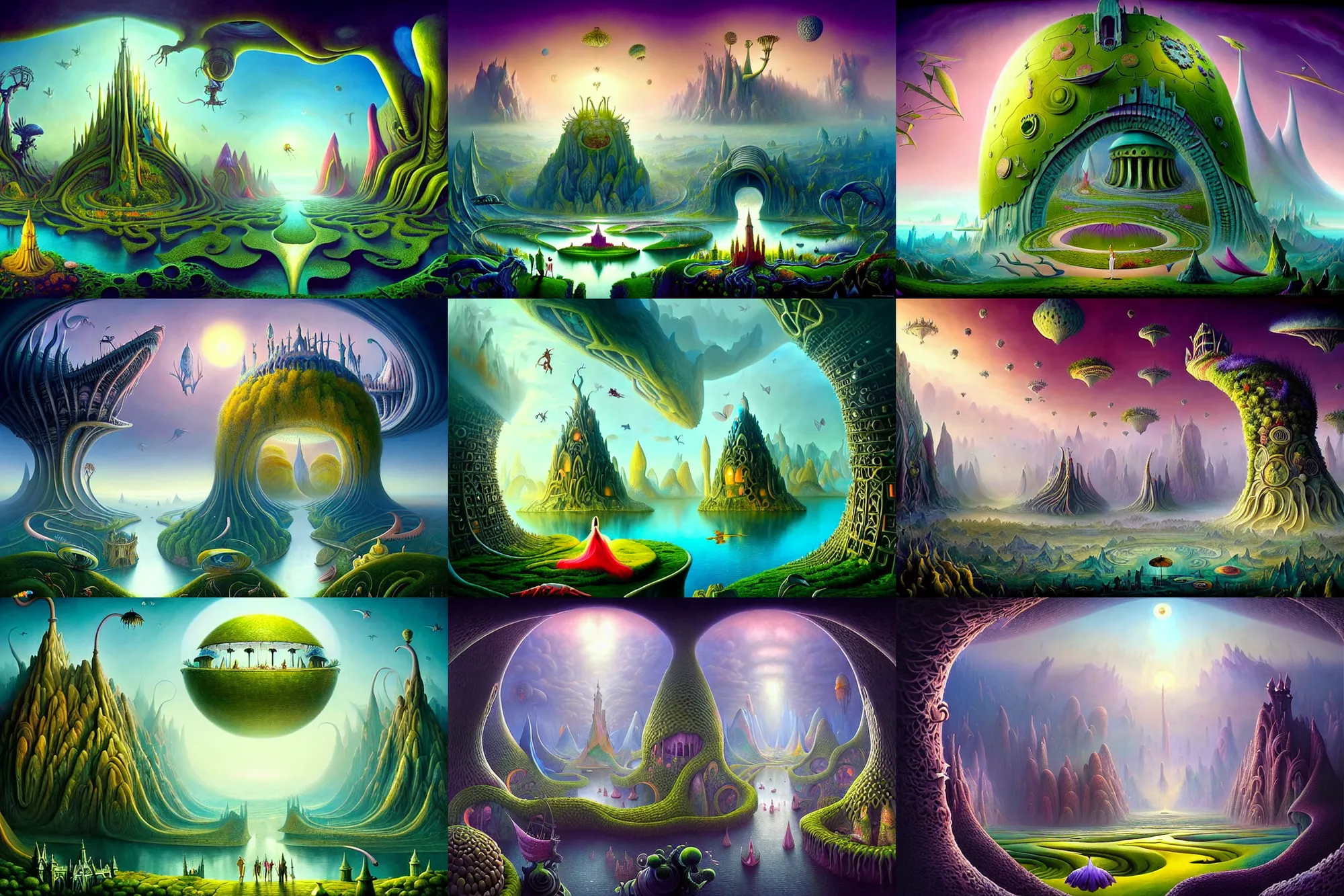 Prompt: a beautiful epic stunning amazing and insanely detailed matte painting of alien dream worlds with surreal architecture designed by Heironymous Bosch, mega structures inspired by Heironymous Bosch's Garden of Earthly Delights, vast surreal landscape and horizon by Cyril Rolando and Andrew Ferez and Alice in Wonderland, rich pastel color palette, masterpiece!!, grand!, imaginative!!!, whimsical!!, epic scale, intricate details, sense of awe, elite, wonder, insanely complex, masterful composition, sharp focus, dof