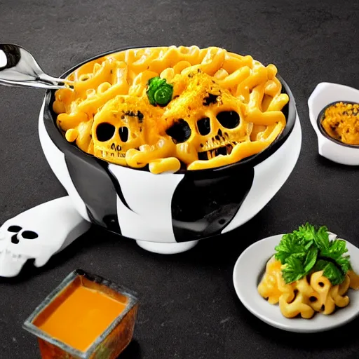 Image similar to a bowl made out of a cyborg android skull filled with delicious mac n' cheese. photograph from a restaurant menu.