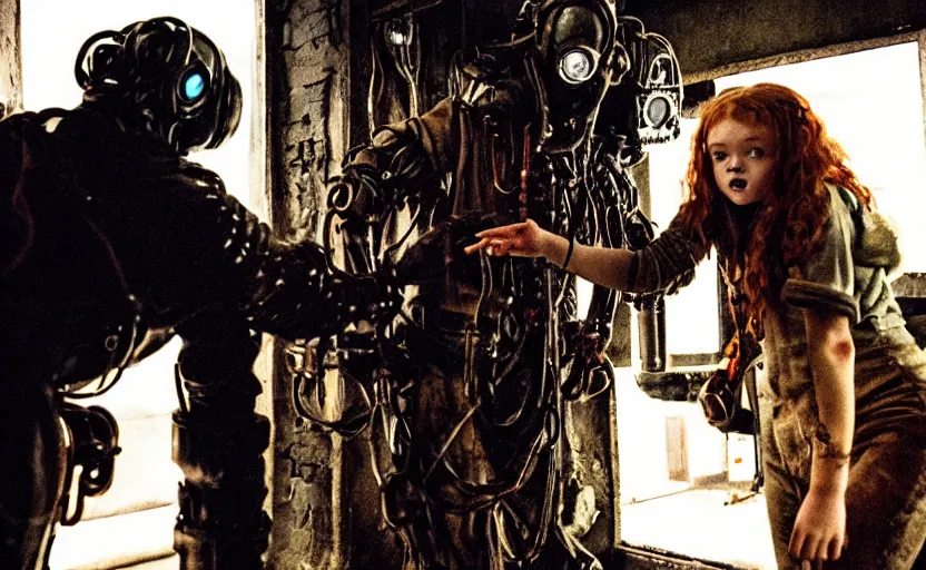 Prompt: scary machine monster grabbing sadie sink dressed as a miner : a scifi cyberpunk film from 1 9 8 0 s. by steven spielberg and james cameron. 6 5 mm low grain film stock. sharp focus, moody cinematic atmosphere, detailed and intricate environment