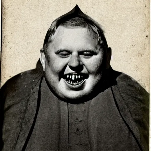 Prompt: antique photograph of an evil catholic priest, cracked and faded photo paper, morbidly obese, crazy eyes wide open, horror, staring at the camera, evil smile, sharp teeth, headshot, dark background, low light, dark