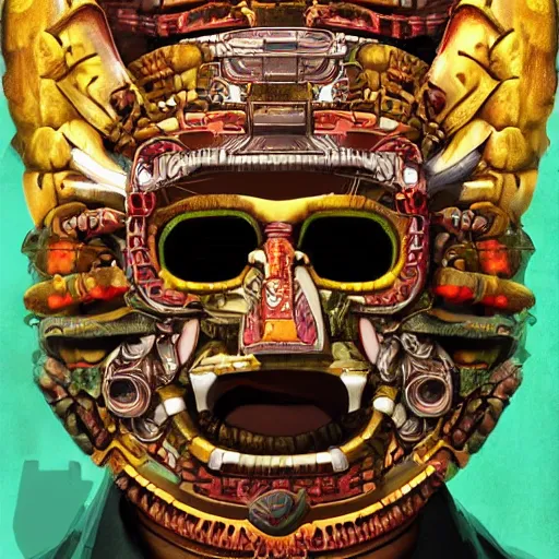 Image similar to a expressive portrait of masked diesel punk quetzalcoatl on the art of mayan ancient culture artstation award - winning realistic sci - f