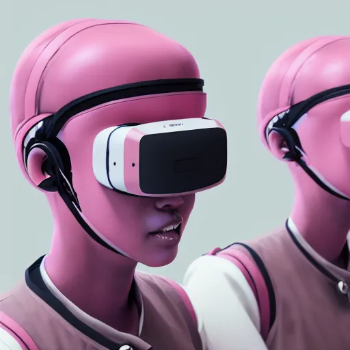 Image similar to intense futuristic bespoke vr headset respirator on a set of twin ninja hypebeasts, by ilya kuvshinov and james jean and sorayama and ikeuchi and hiroya oku and gilleard james, artstation trending, 8 k, 3 d render, photorealistic, volumetric lighting caustics, pink