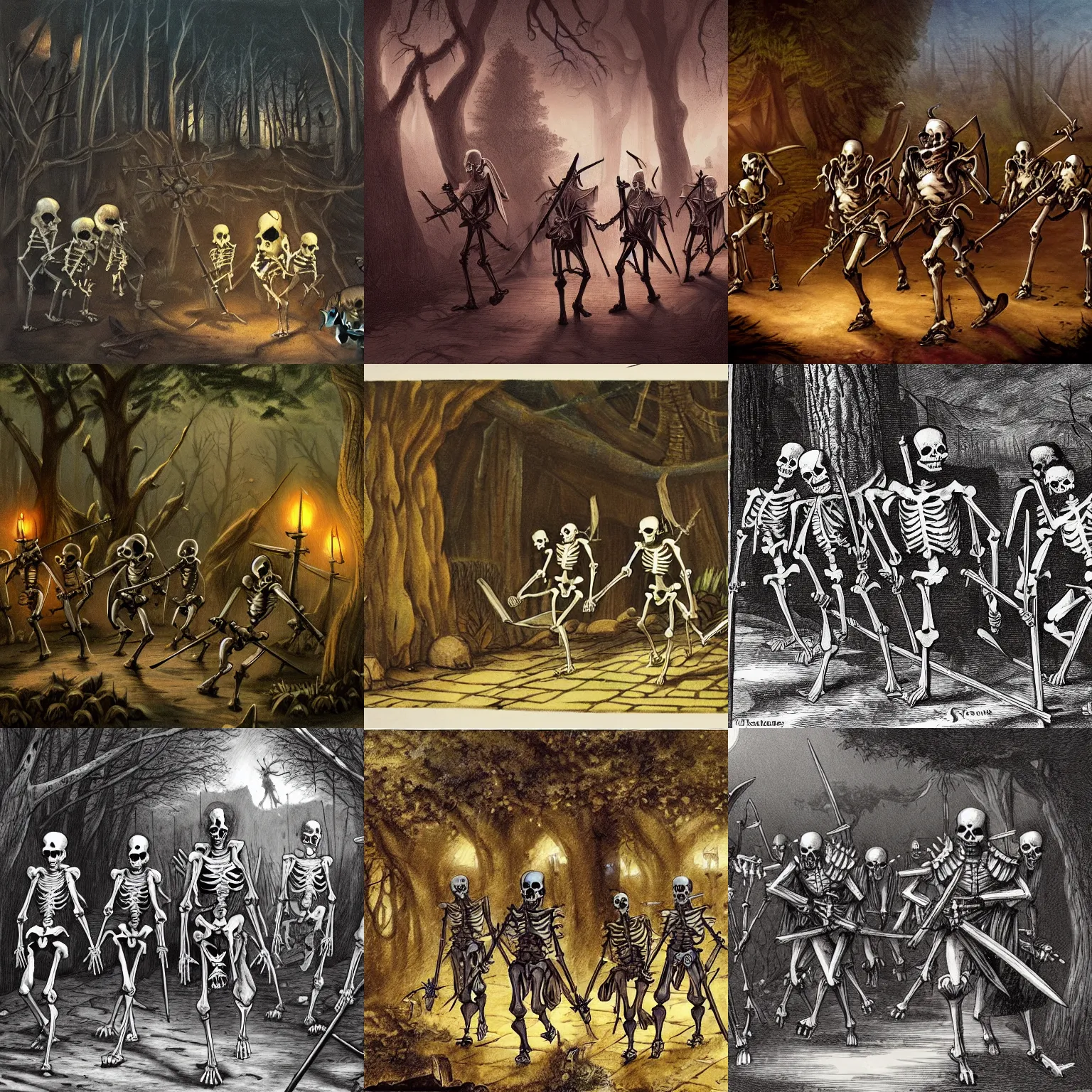 Prompt: a group of dangerous skeletons armed with swords in a forest at night, walking pass a medieval inn, dnd, fantasy art