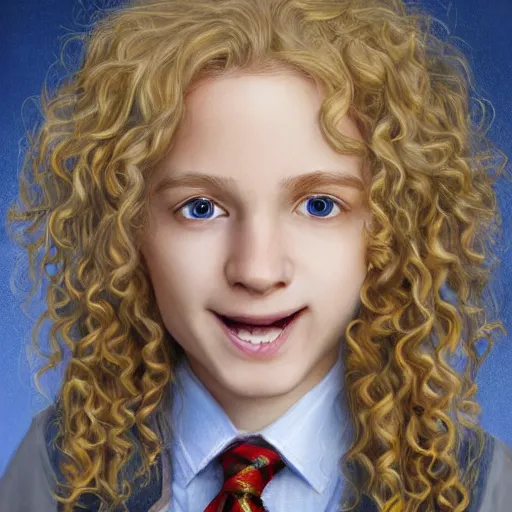 Image similar to close - up portrait a curly blonde hair hufflepuff!! boy age 1 1 years old with grey - blue eyes, cute, smiling!! fantasy, portrait, highly detailed, digital painting, artstation, concept art, sharp focus, illustration, studio photo, studio lighting, art by artgerm and greg rutkowski and magali villeneuve