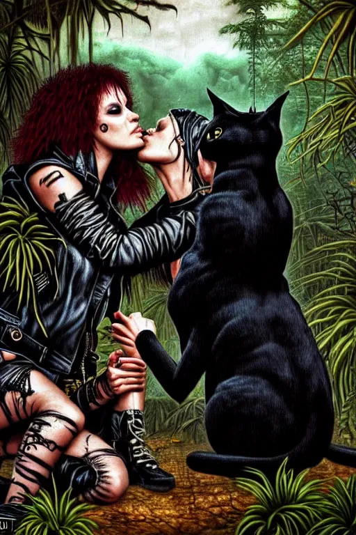 Image similar to punk rock girls kissing and making selfie with black cats in jungle , 1980 style, mad max jacket, post apocalyptic, Cyberpunk, renaissance, Gothic, mystic, highly detailed, digital painting, 4k, fog, oil painting by Leonardo Da Vinci, hyper realistic style, fantasy by Olga Fedorova