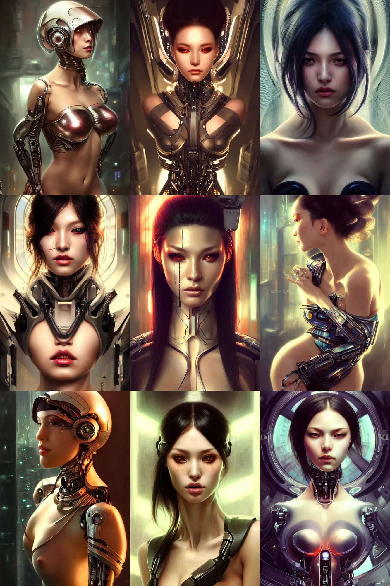 Prompt: ultra realistic illustration, beautiful alluring cyborgs on display in science fiction tokyo redlight district, gorgeous face, smooth skin, pinup body, cyberpunk, sci - fi, fantasy, intricate, elegant, highly detailed, digital painting, artstation, concept art, smooth, sharp focus, beautiful art by artgerm and greg rutkowski and alphonse mucha