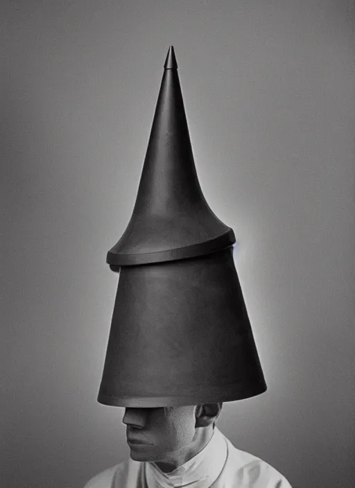 Image similar to realistic photo of a a scientist medieval wooden cone hat, covered in tesla electricity aura, greyscale 1 9 9 0, life magazine photo, natural colors,