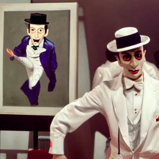 Image similar to pee wee herman as a droog from a clockwork orange. singing and dancing. concept art, matte, sharp focus, painting by frank frazetta, highly detailed, high quality, 8 k, soft lighting, realistic face, path traced