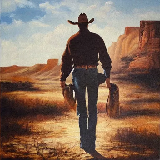 Image similar to oil painting of cowboy clint eastwood in american frontier landscape, western town, dusty street, sunrays, dramatic, very very very beautiful art