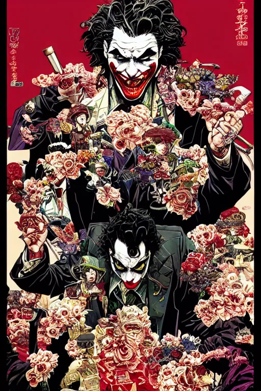 Prompt: poster of joker as a yakuza gangster, by yoichi hatakenaka, masamune shirow, josan gonzales and dan mumford, ayami kojima, takato yamamoto, barclay shaw, karol bak, yukito kishiro, highly detailed