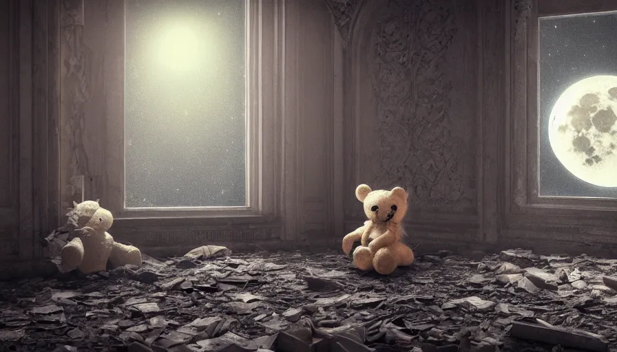 Prompt: Abandoned teddy bear on a floor of an abandoned Neo-Gothic manor looking at the moon through the big windows in front of him, hyperdetailed, artstation, cgsociety, 8k