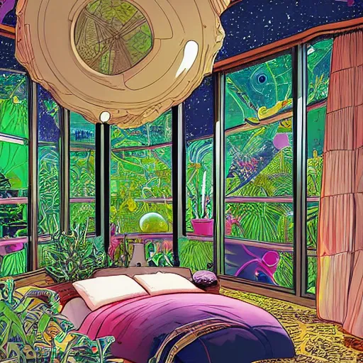 Prompt: Interior of a bedroom on a spaceship, in the background is large window showing a view of outer space, lush plants are spread around the room, intricate, elegant, highly detailed, smooth, sharp focus, detailed face, colourful, high contrast, graphic novel, art by Michael Choi,