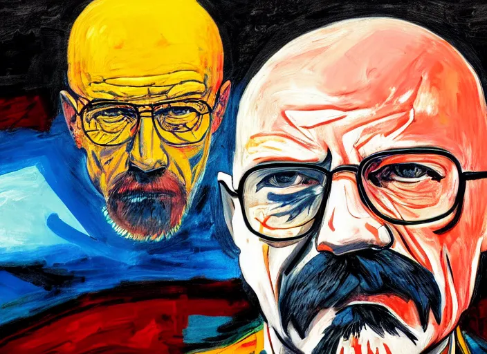 Image similar to expressionist painting of walter white on a motorbike, dynamic perspective, expressionist, colorful, clean, close up