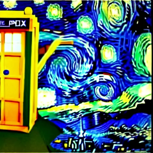 Image similar to an explosing tardis painted by van gogh