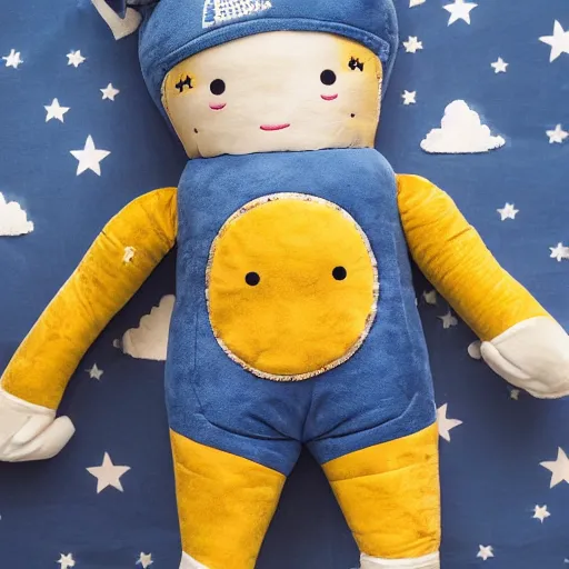 Image similar to blue'snappy gifts'human - sized plush doll, on the moon, holding gift, happy atmosphere, high detail, soft lighting, 8 k