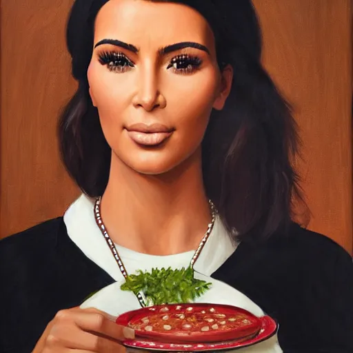 Prompt: kim kardashian at a diner, head and shoulders portrait, extremely detailed masterpiece, roger deakin ’ s cinematography, oil on canvas, norman rockwell.