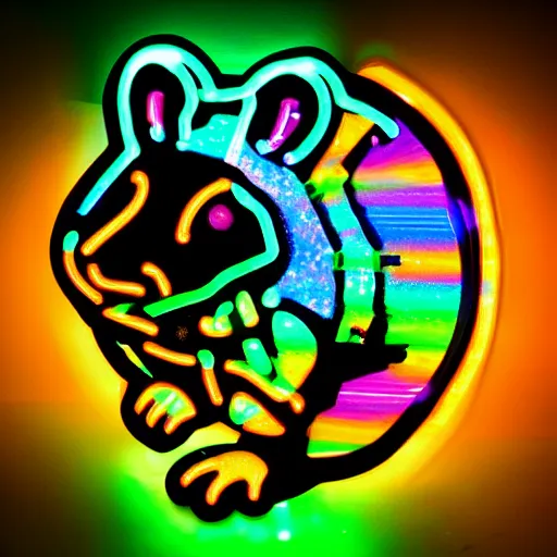 Prompt: cyberpunk hamster made of glowing rainbow neon lights holding a rainbow gem crystal, light reflection, 8 k, hd, logo