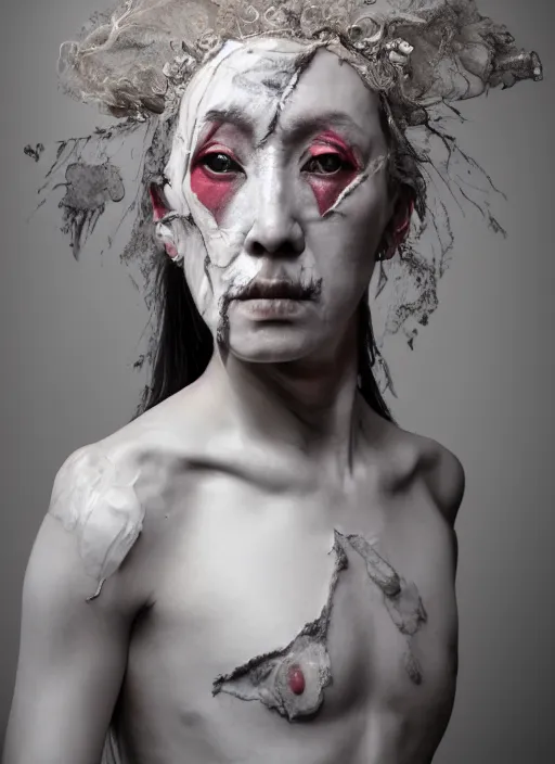 Image similar to expressive face potrait photo of a clothed butoh dancer, glamour shot, by jenny saville, by stefan gesell, photorealistic, canon r 3, fashion photography, hyper maximalist, elegant, ornate, luxury, elite, environmental portrait, symmetrical features, octane render, unreal engine, solid dark grey background, dramatic lights