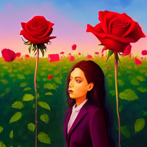 Image similar to closeup, big rose flower head, frontal, girl in a suit, surreal photography, sunrise, blue sky, dramatic light, impressionist painting, digital painting, artstation, simon stalenhag