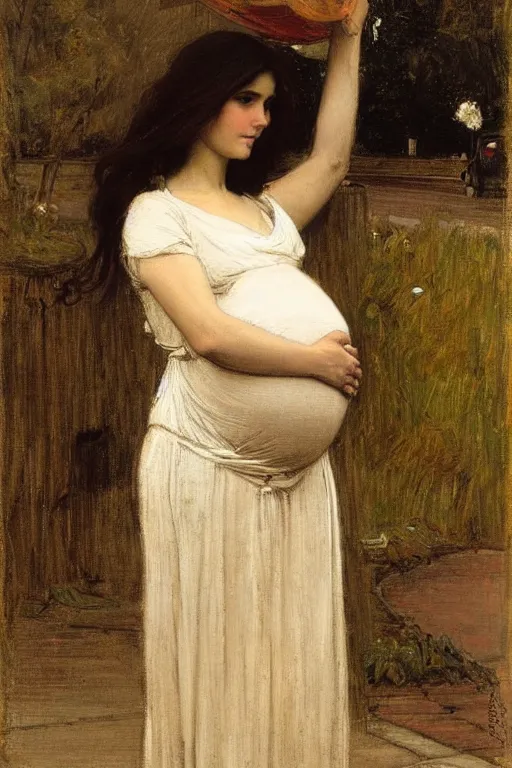 Image similar to pregnant woman under street light by john william waterhouse and Edwin Longsden Long and Theodore Ralli and Nasreddine Dinet