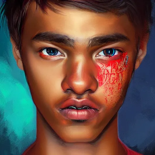 Image similar to colorful and festive captivating teenager with straight brown hair covering his eye, dark skin, big lips, big eyes, wearing a red t - shirt. rich vivid colors, ambient lighting, dynamic lighting, 4 k, atmospheric lighting, painted, intricate, highly detailed by charlie bowater