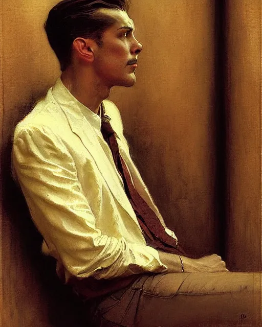 Prompt: attractive man waiting in line to audition for a hollywood movie, paramount movie lot 1 9 2 8 melancholy, nostalgia, painting by gaston bussiere, craig mullins, j. c. leyendecker