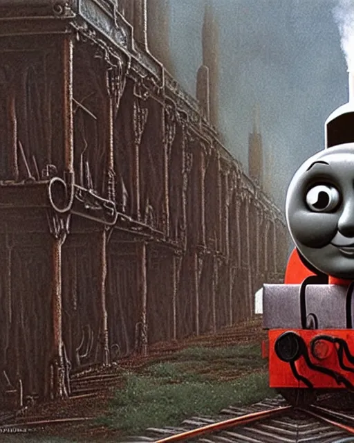 Image similar to still frame from thomas and friends by giger, 😡 mad train model by wayne barlowe, eldrich see thomas train by beksinski, grandiose demonic train with locomotive and endless wagons, steam _ locomotive