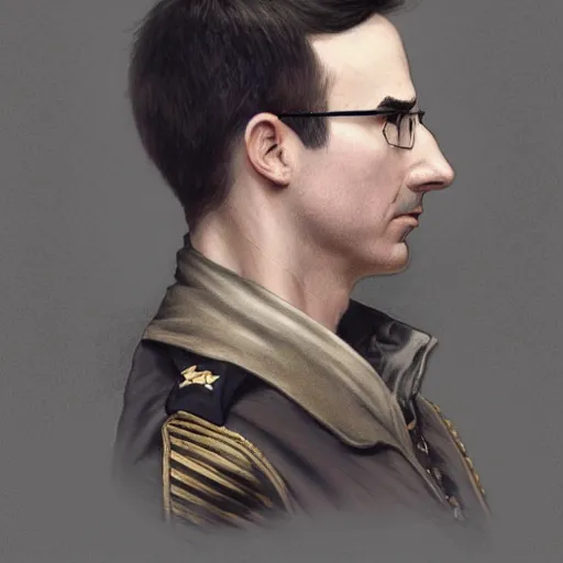 Image similar to portrait of stoic looking john oliver, military uniform, fantasy, intricate, elegant, highly detailed, centered, dark, smokey, charcoal painting, digital painting, artstation, concept art, smooth, sharp focus, illustration, art by artgerm and greg rutkowski and alphonse mucha