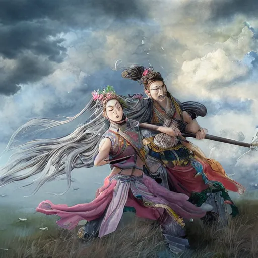 Image similar to dynamic composition, motion, ultra-detailed, incredibly detailed, a lot of details, amazing fine details and brush strokes, colorful and grayish palette, smooth, HD semirealistic anime CG concept art digital painting, watercolor oil painting of meadow and sunrise, from Three Kingdoms, by a Chinese artist at ArtStation, by Huang Guangjian, Fenghua Zhong, Ruan Jia, Xin Jin and Wei Chang. Realistic artwork of a Chinese videogame, gradients, gentle an harmonic grayish colors.