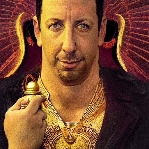 Image similar to Adam Sandler as the true Golden God, divine, angelic, intricate, highly detailed, digital painting, artstation, concept art, sharp focus, illustration, art by greg rutkowski and alphonse mucha